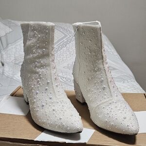 White Pearl & Rhinestone Embellished Women's Ankle Booties